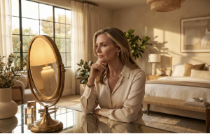 Alt: Woman reflecting in serene, sunlit bedroom with elegant decor
