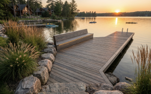 Alt: Serene lakeside dock at sunset with wooden bench