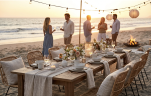 Alt: Elegant beach dining setup at sunset with friends
