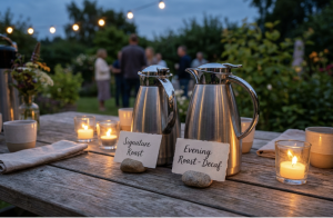 Alt: Candlelit outdoor table with coffee carafes and signs.