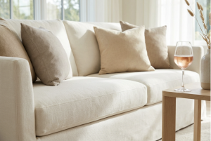 Alt: Comfortable beige sofa with pillows and wine glass