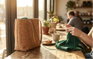 Alt: Person knitting green scarf next to coffee and bag