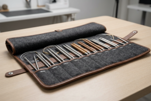 Alt: Knitting needle set neatly organized in a fabric case