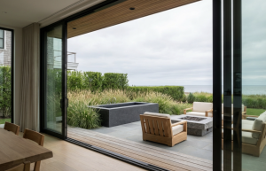 Alt: Modern patio with ocean view and seating