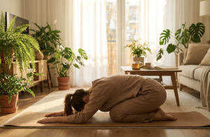 Alt: Woman doing yoga mat in living room