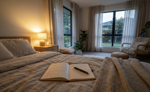 Alt: Cozy bedroom interior with notebook and pen