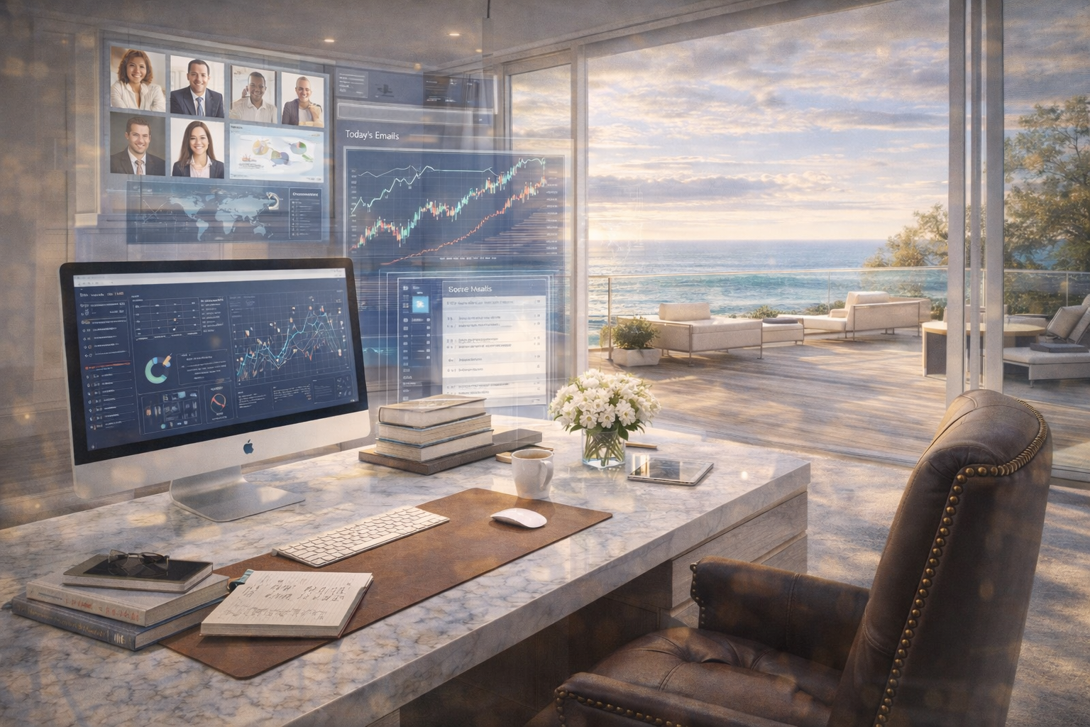 Modern home office with ocean view