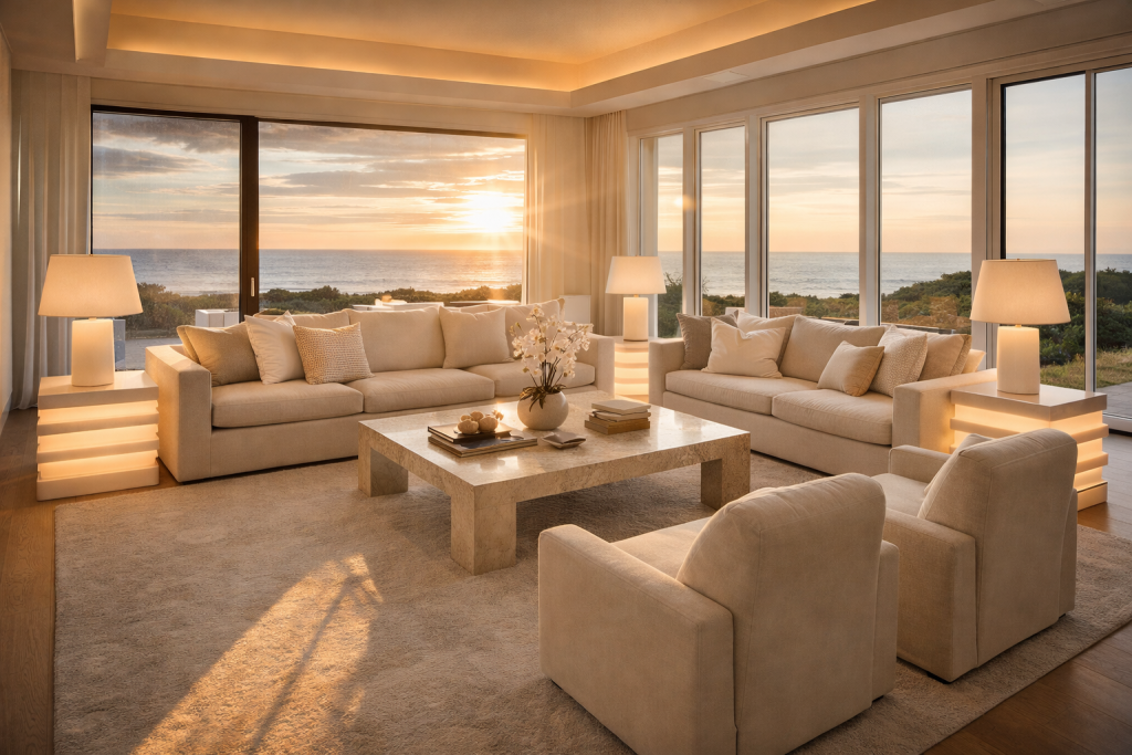 Ocean view and serene sunset interior