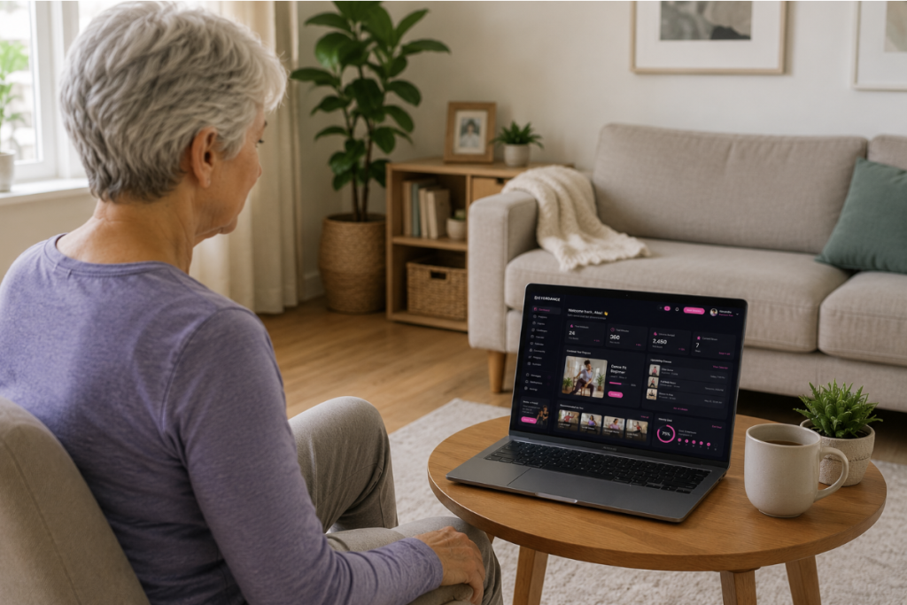 Senior woman sitting in a cozy living room and viewing the Everdance app dashboard on a laptop placed on a small wooden table