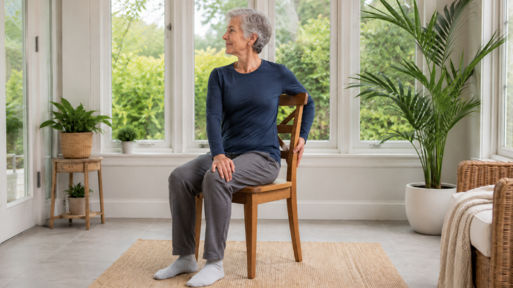Senior woman practicing a seated spinal twist on a wooden chair in a bright home setting with indoor plants.