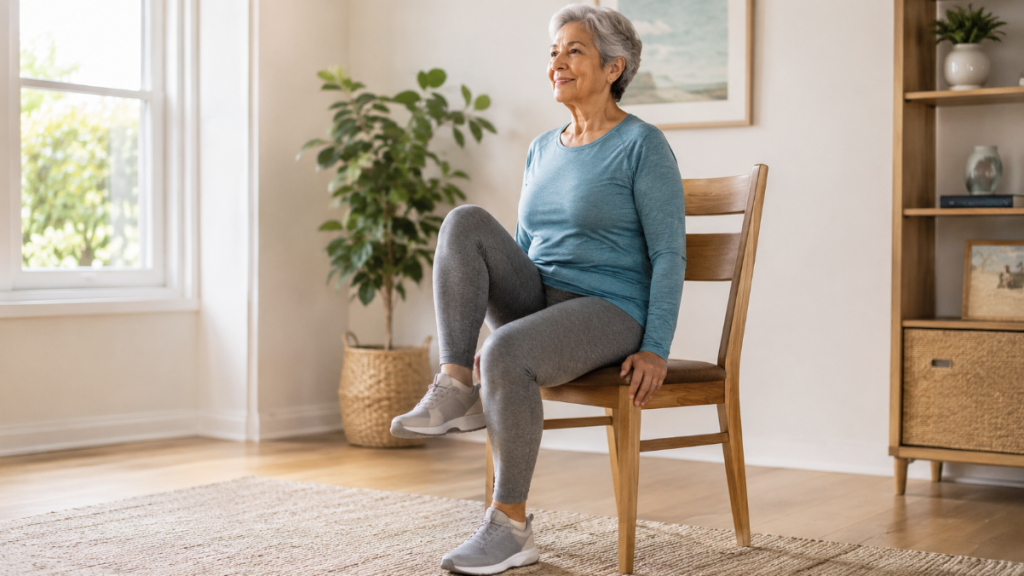 Senior woman doing a seated knee lift exercise on a wooden chair in a bright home workout space.