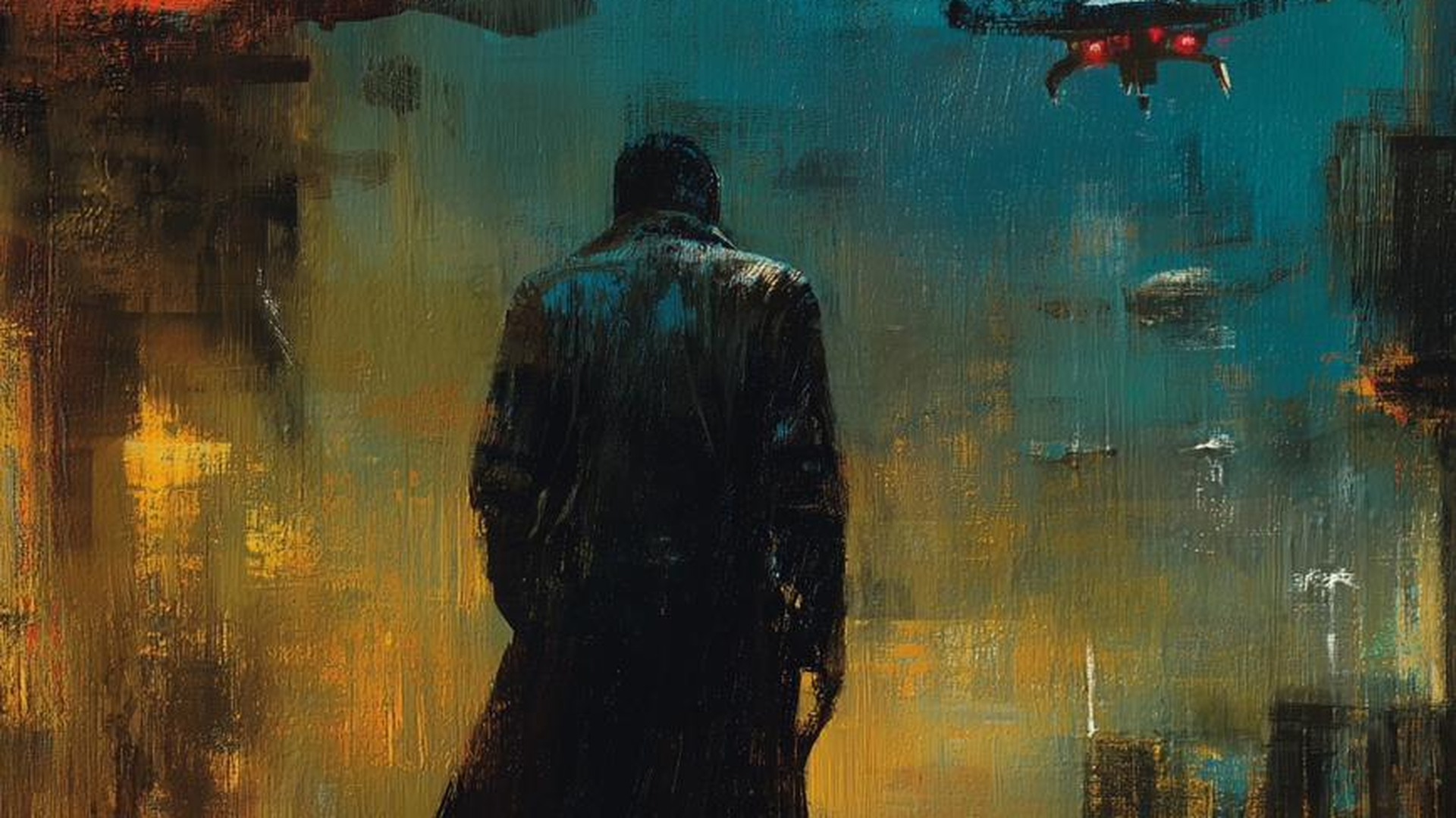 Cover art for the spy thriller Ghost Meridian by Red Burton — a lone operative walks a rain-slicked Istanbul street beneath a surveillance drone with red sensor eyes.