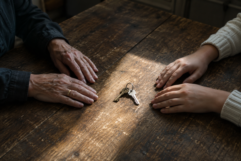 Five Star Weekend An older woman's hands and a younger woman's hands on either side of a set of house keys.