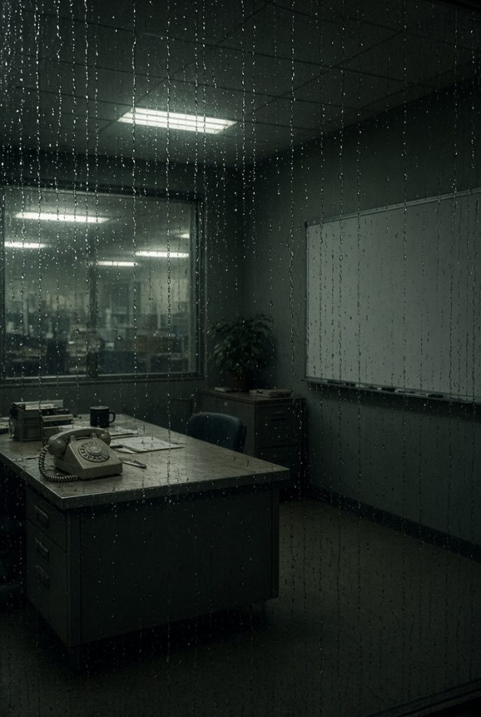 Original key art — rain on a sales office