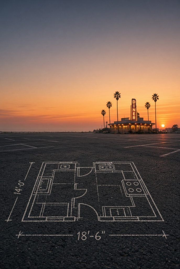 Original key art — kitchen chalked on asphalt