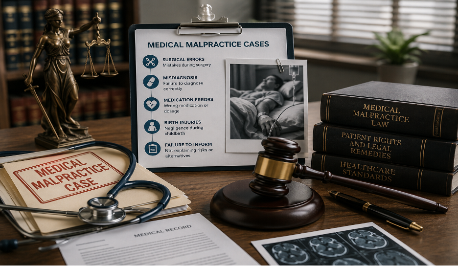 A legal desk displays a gavel, stethoscope, medical records, and a clipboard outlining common medical malpractice cases.