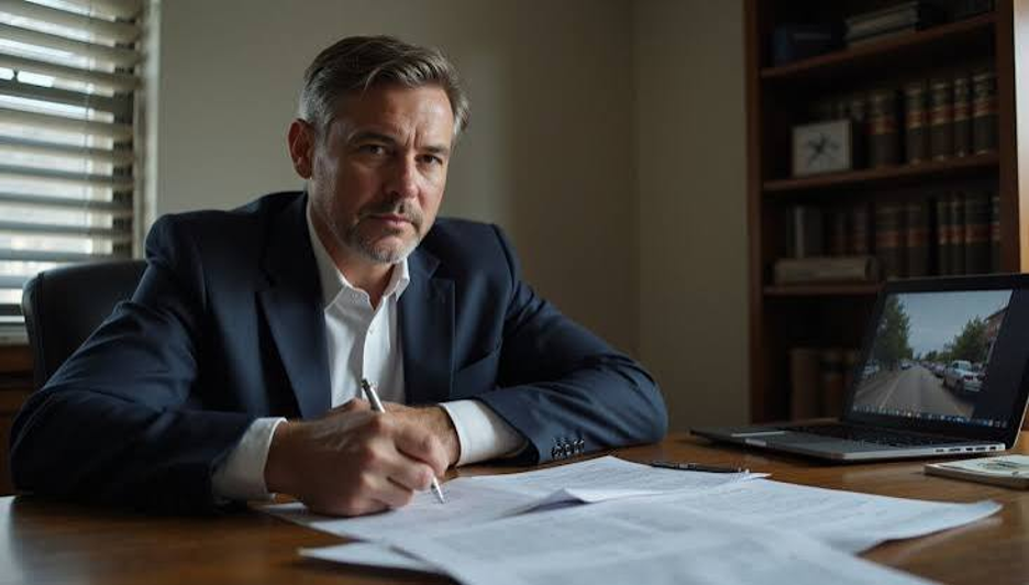 Attorney reviewing police reports and evidence related to a DWI traffic stop