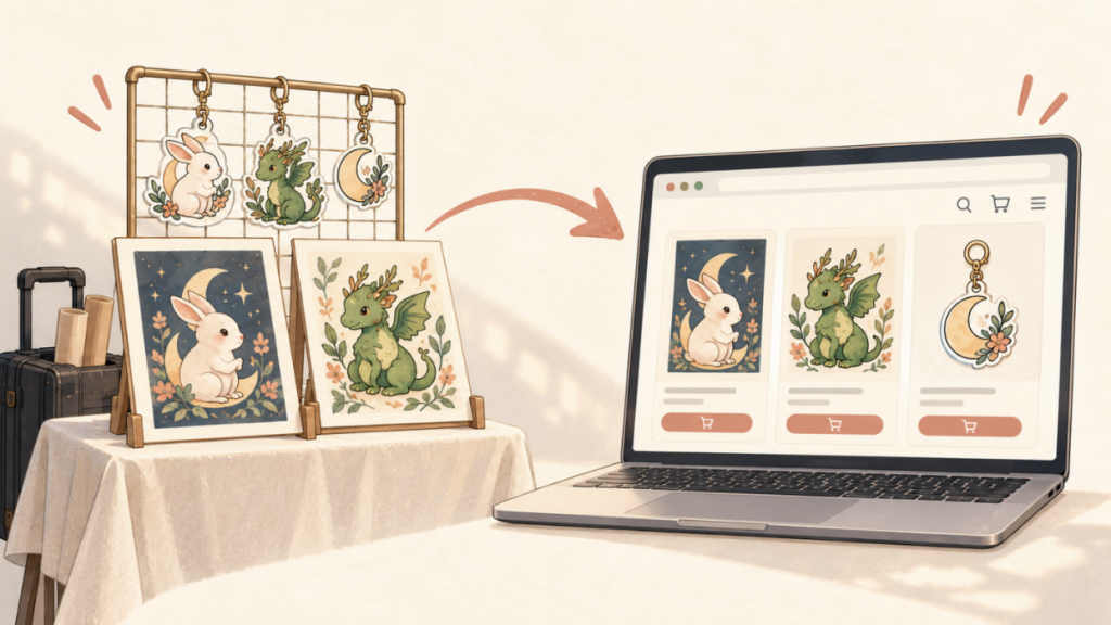 Illustration of an artist alley display with character prints and keychains beside a laptop showing matching merchandise for sale online.