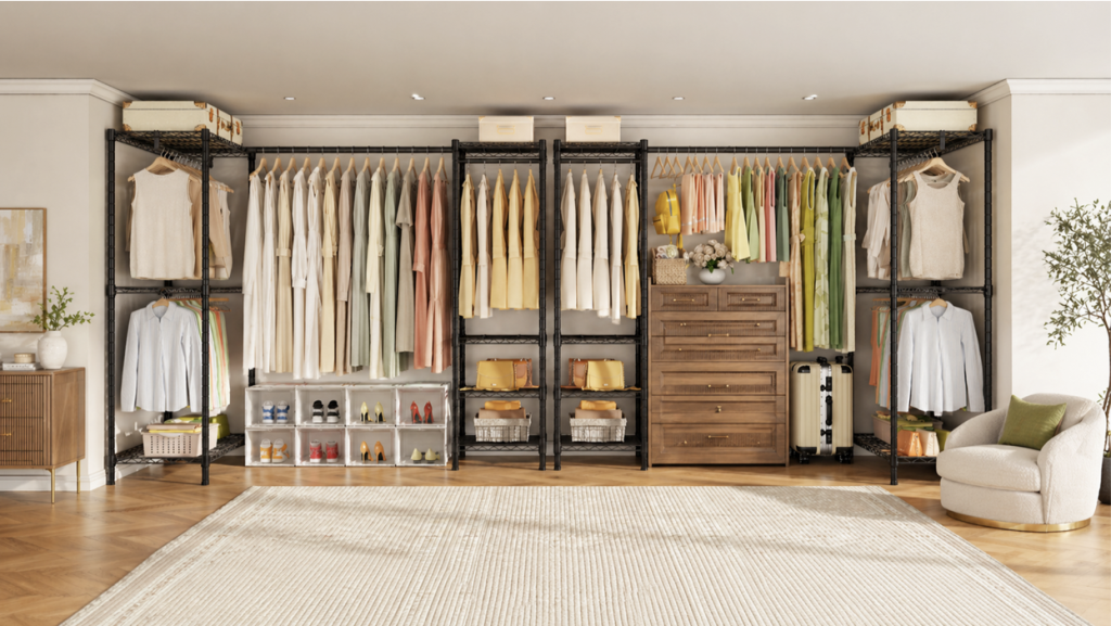 a guest-room rail or rolling rack in use, styled seasonally rather than as a product shot.