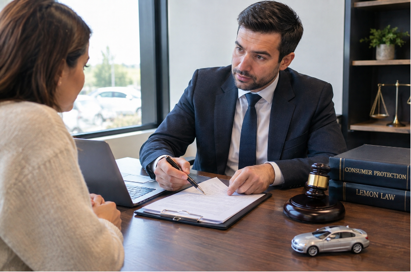 A lemon law attorney explains vehicle claim documents to a client during a consultation, illustrating the role of a lemon law attorney in protecting consumer rights.