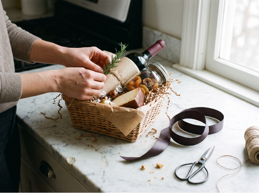 A gourmet gift basket with wine, chocolates and dried fruit being assembled on a marble counter