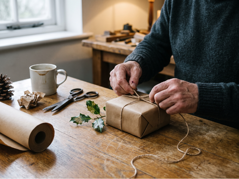 Hands tying twine around a kraft paper gift box beside a sprig of holly