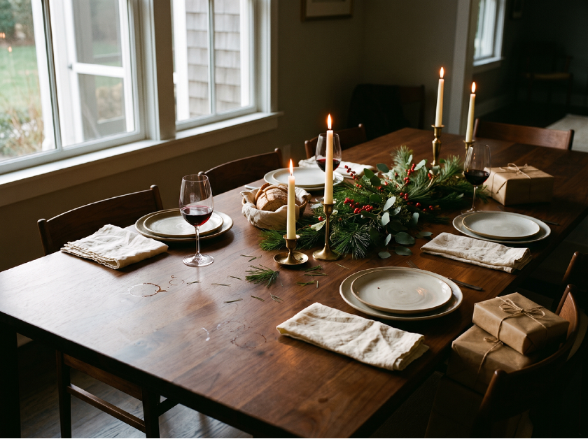 A candlelit holiday dining table set with linen napkins, greenery and wrapped gifts