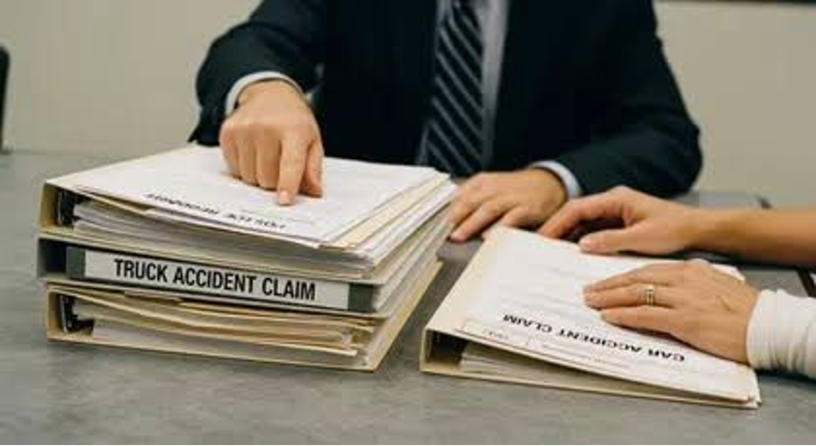 Truck accident attorney reviewing evidence and records.