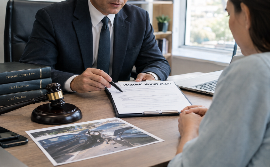 Personal injury attorney consulting with a client about an accident claim in a law office.