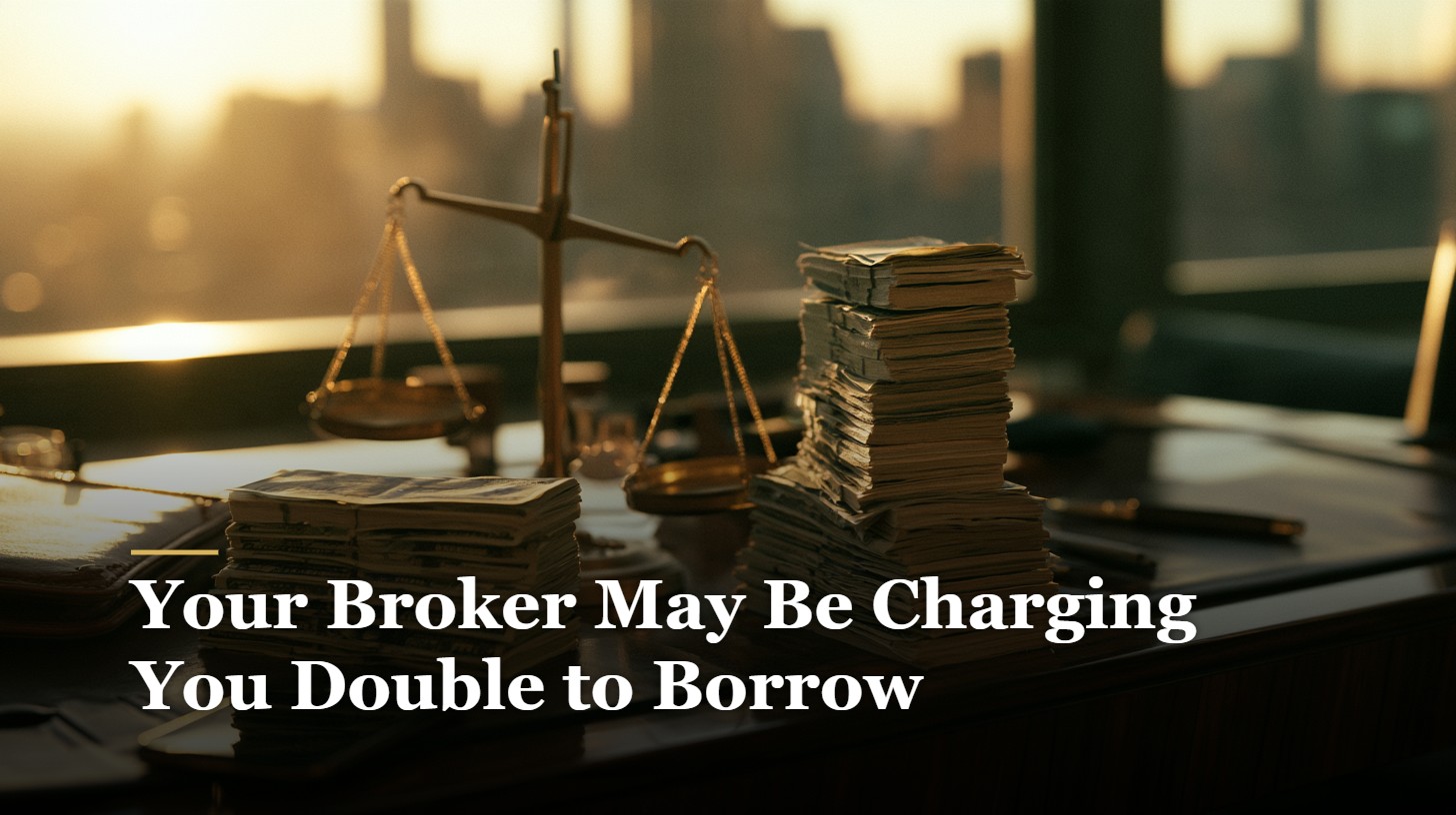 Two stacks of cash beside a brass scale on a Manhattan desk, illustrating the gap in broker margin rates