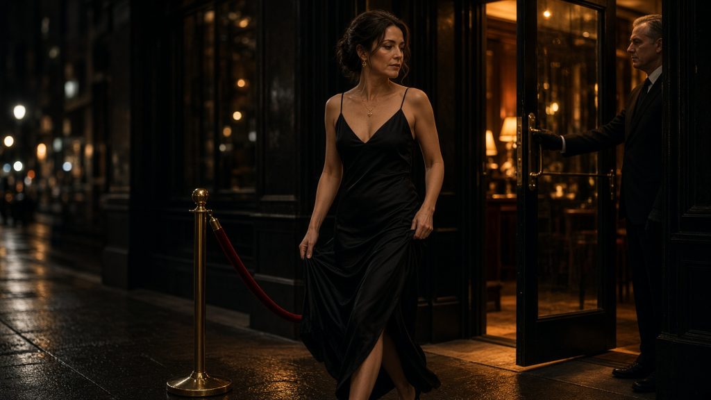 Woman in a black silk dress walking past a red velvet rope into a Manhattan private members club at night as a doorman holds the door