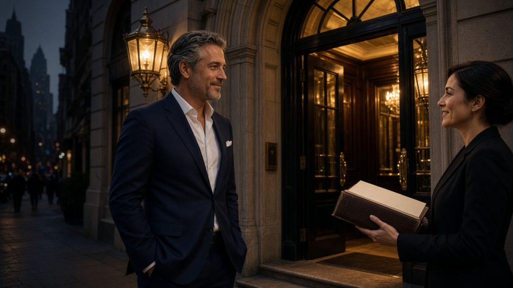 Man in a navy suit greeted by a hostess holding a leather guest book at the arched entrance of a Manhattan private club at dusk