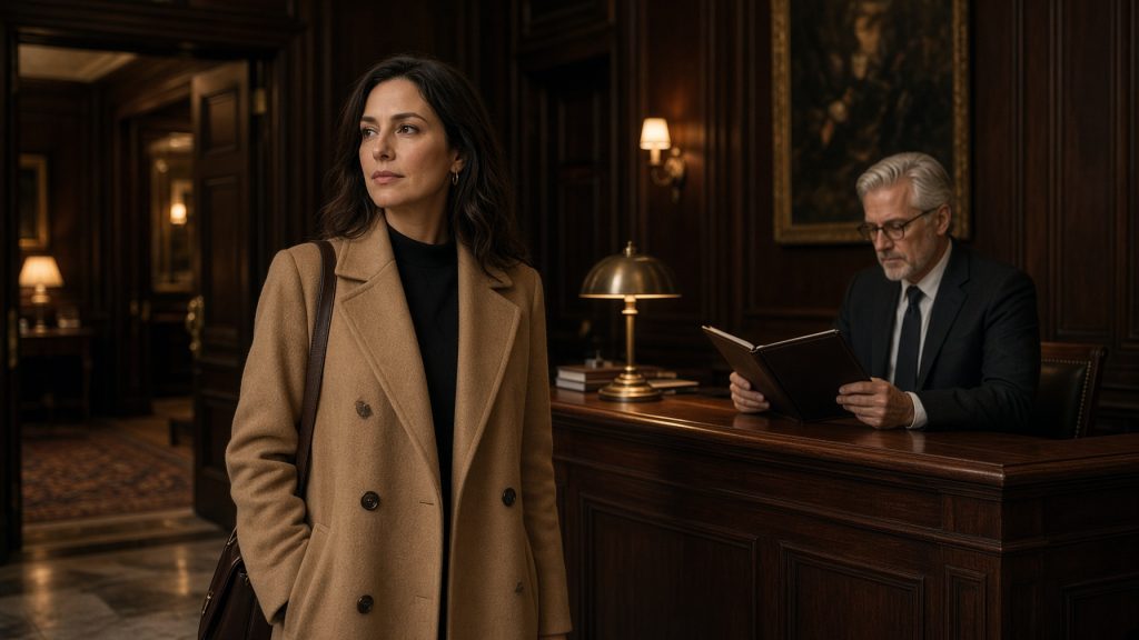 Woman in a camel coat waiting in a wood-paneled private club foyer while a silver-haired man reads a membership application at a desk