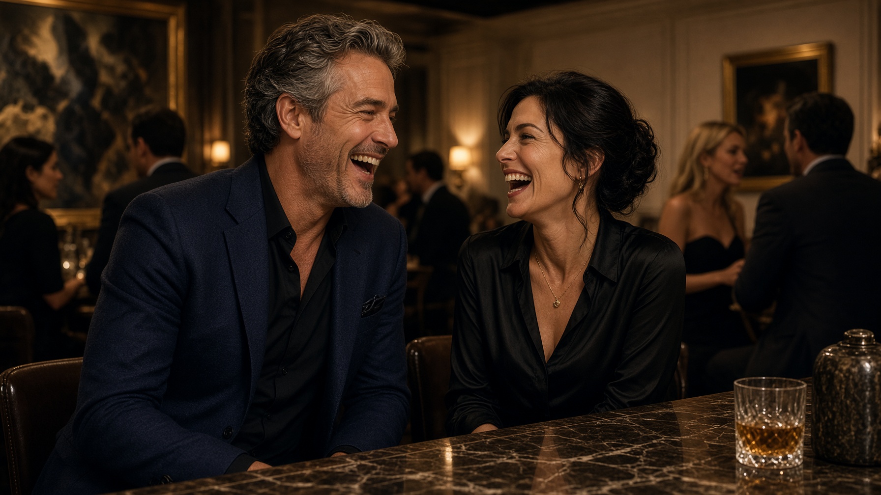 Man and woman laughing together at the marble bar of a crowded Manhattan private members club lounge