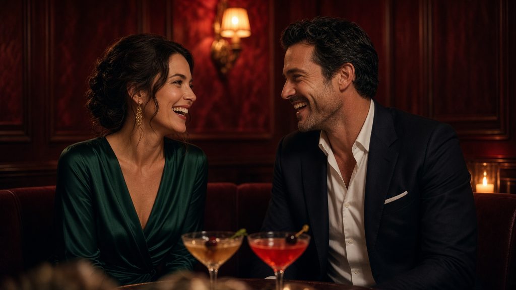 Couple sharing a laugh over cocktails in a candlelit red booth at an elegant Manhattan members club