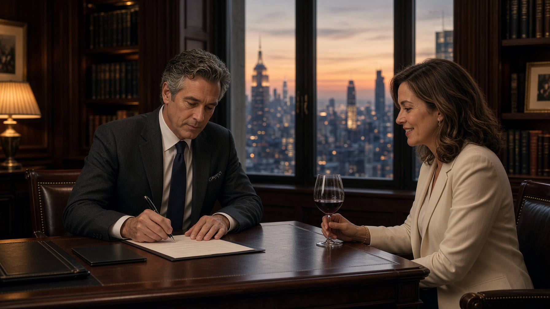 Man signing a document at a desk in a private club library as a woman with a glass of wine looks on, Manhattan skyline at dusk behind them