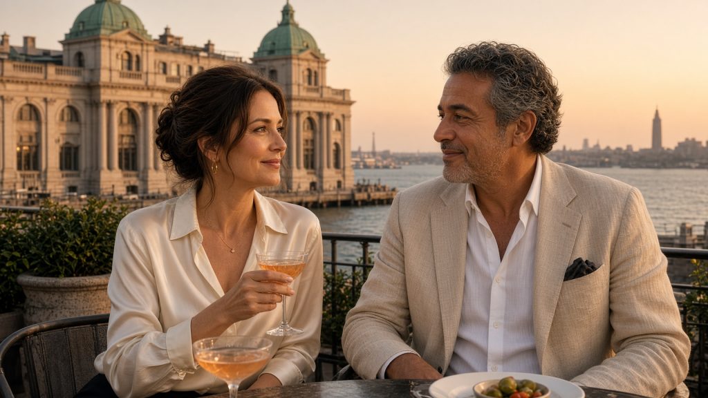 Couple sharing an aperitivo on a terrace at golden hour with the green cupolas of a Beaux-Arts ferry terminal and New York Harbor behind them
