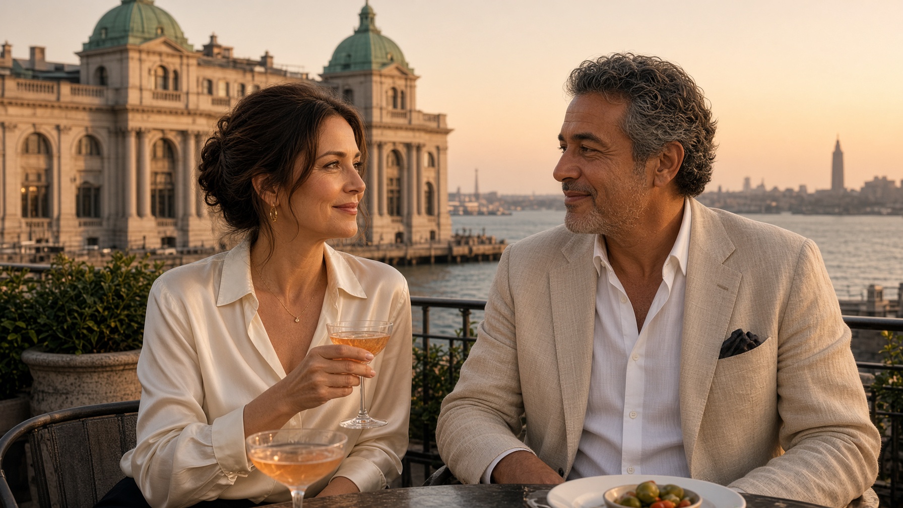 Couple sharing an aperitivo on a terrace at golden hour with the green cupolas of a Beaux-Arts ferry terminal and New York Harbor behind them