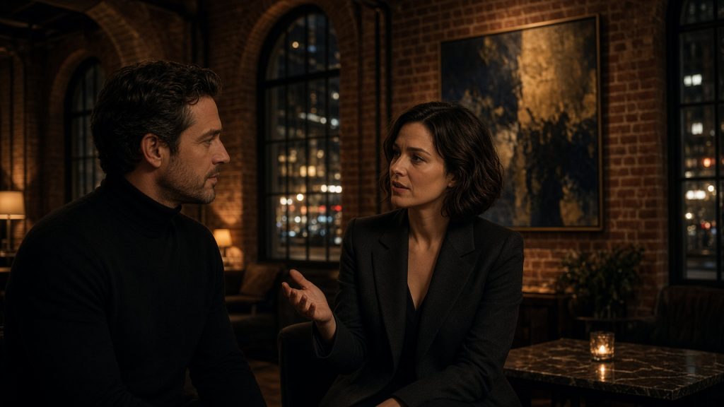 Man in a black turtleneck and woman in a blazer talking in a downtown club lounge with red brick walls, arched windows and large paintings