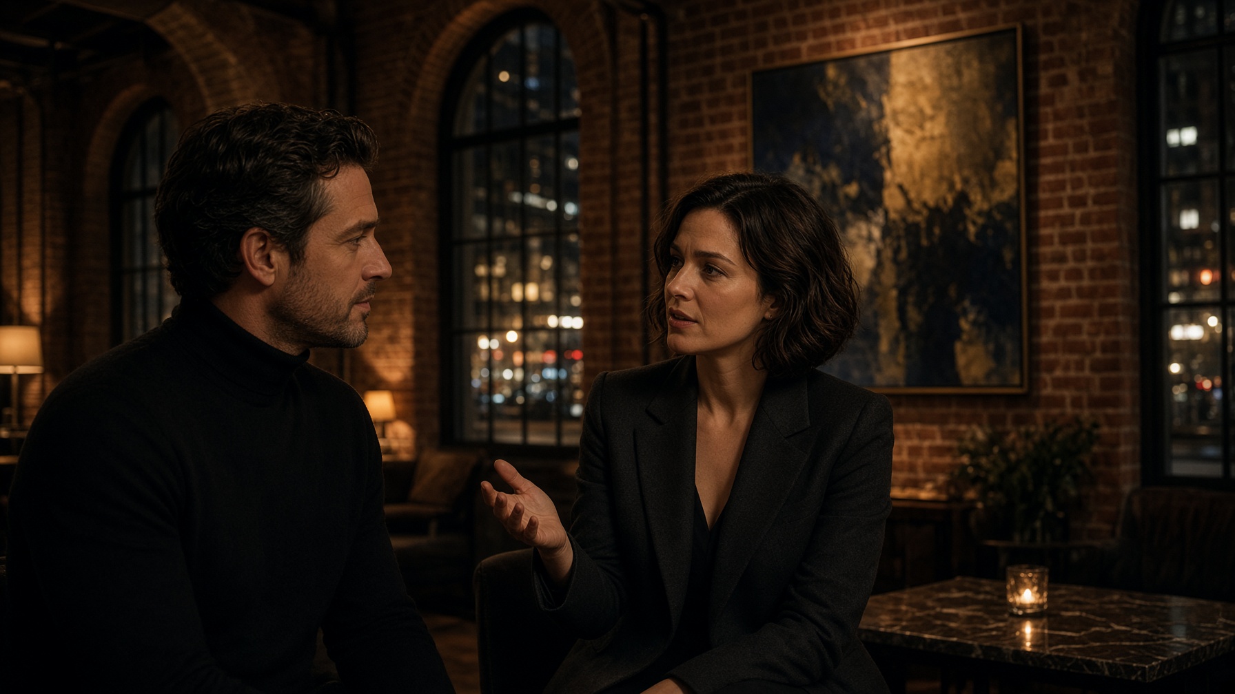 Man in a black turtleneck and woman in a blazer talking in a downtown club lounge with red brick walls, arched windows and large paintings