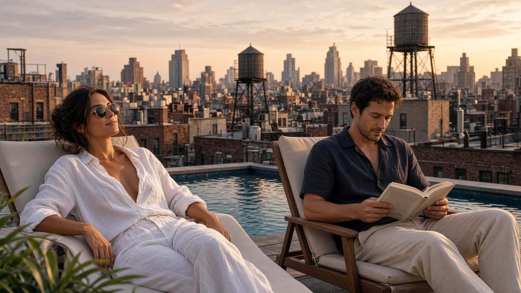 Woman in sunglasses and a white linen shirt relaxing by a Manhattan rooftop pool at sunset while a man reads nearby, water towers behind them