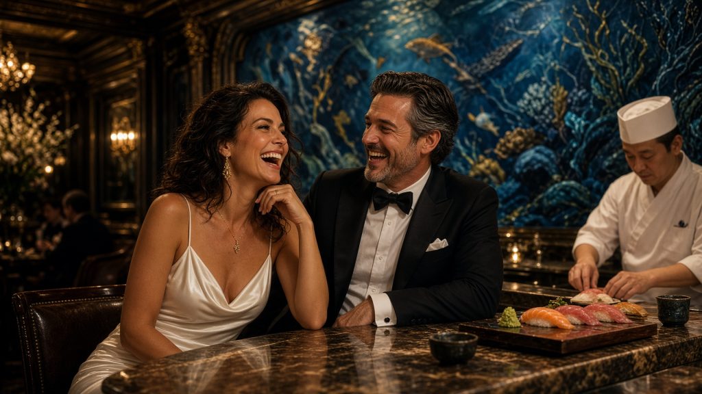 Couple in evening wear laughing at an opulent sushi counter with an underwater mural as a chef prepares nigiri