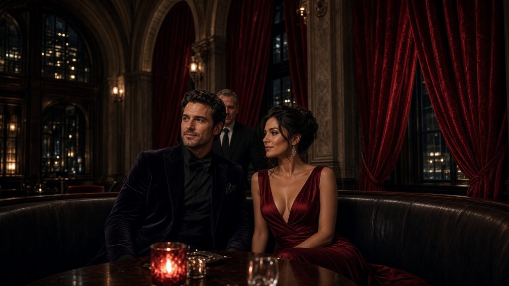 Couple seated at a curved booth in a double-height Manhattan dining room with soaring arches and red velvet drapes