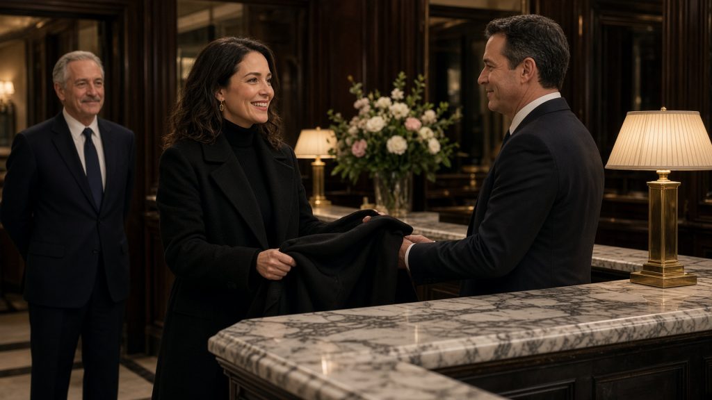 Smiling woman handing her coat to a host at the marble front desk of an elegant Manhattan private club as a doorman looks on