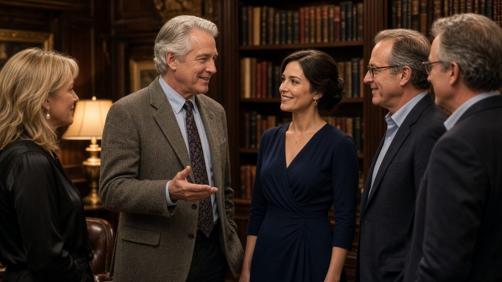 Silver-haired man in a tweed jacket introducing a woman in a navy dress to club members in a private club library