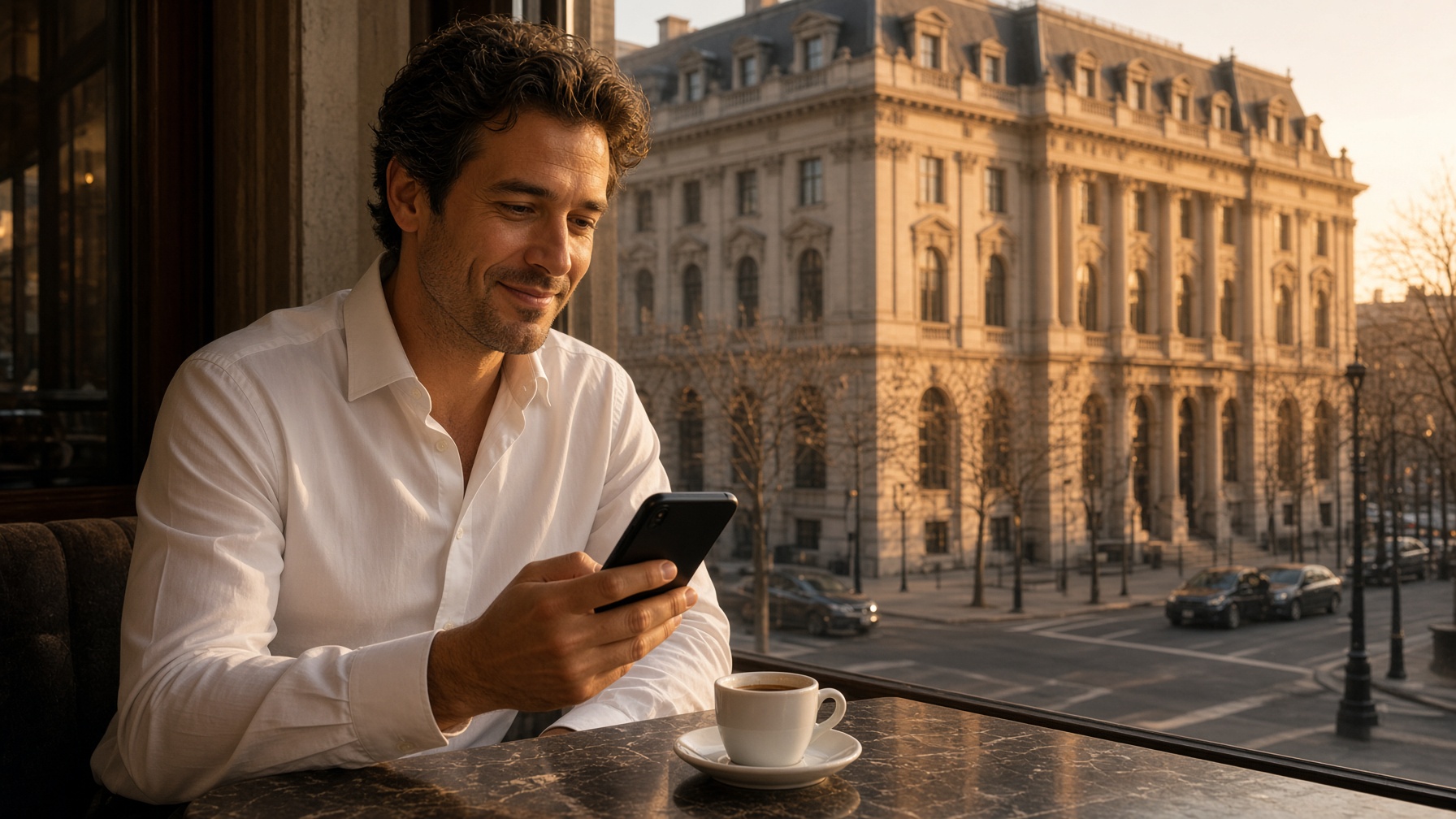 Man in a white shirt smiling at his phone at a cafe window, a grand private club building across the street at golden hour