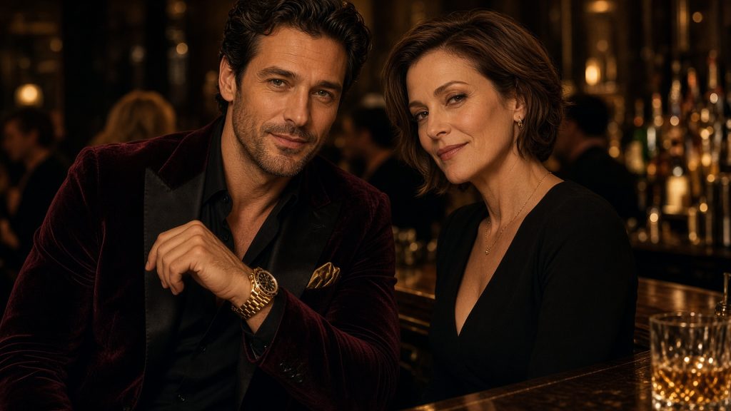 Man in a velvet blazer showing off a gold watch at a Manhattan club bar as an elegant woman smiles knowingly beside him