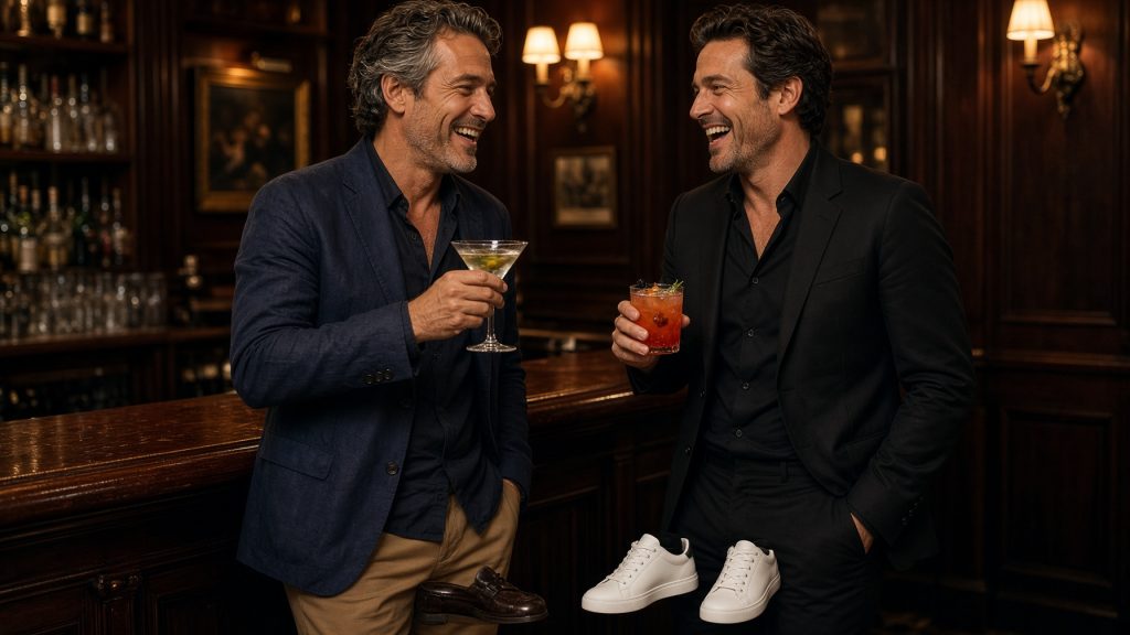 Two men laughing at a mahogany club bar, one in a navy blazer with a martini, the other in a black suit and white sneakers with a cocktail