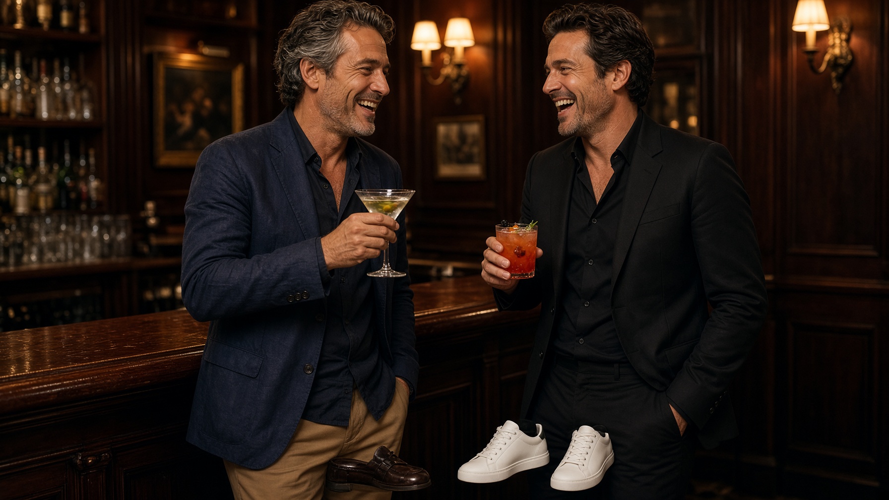 Two men laughing at a mahogany club bar, one in a navy blazer with a martini, the other in a black suit and white sneakers with a cocktail