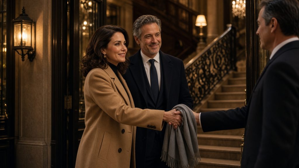 Couple arriving at a Manhattan private club, the woman in a camel coat greeting the host as her partner follows with her scarf
